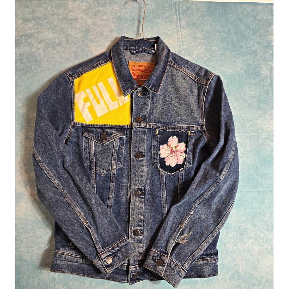 Custom Painted Levis Trucker Jacket Womens Medium Blue Denim Hand Painted Art